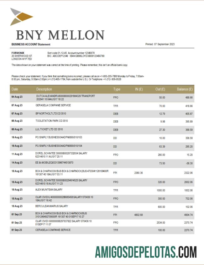 Realista BNY Mellon empresa bancária extrato de conta corrente modelo Word e PDF